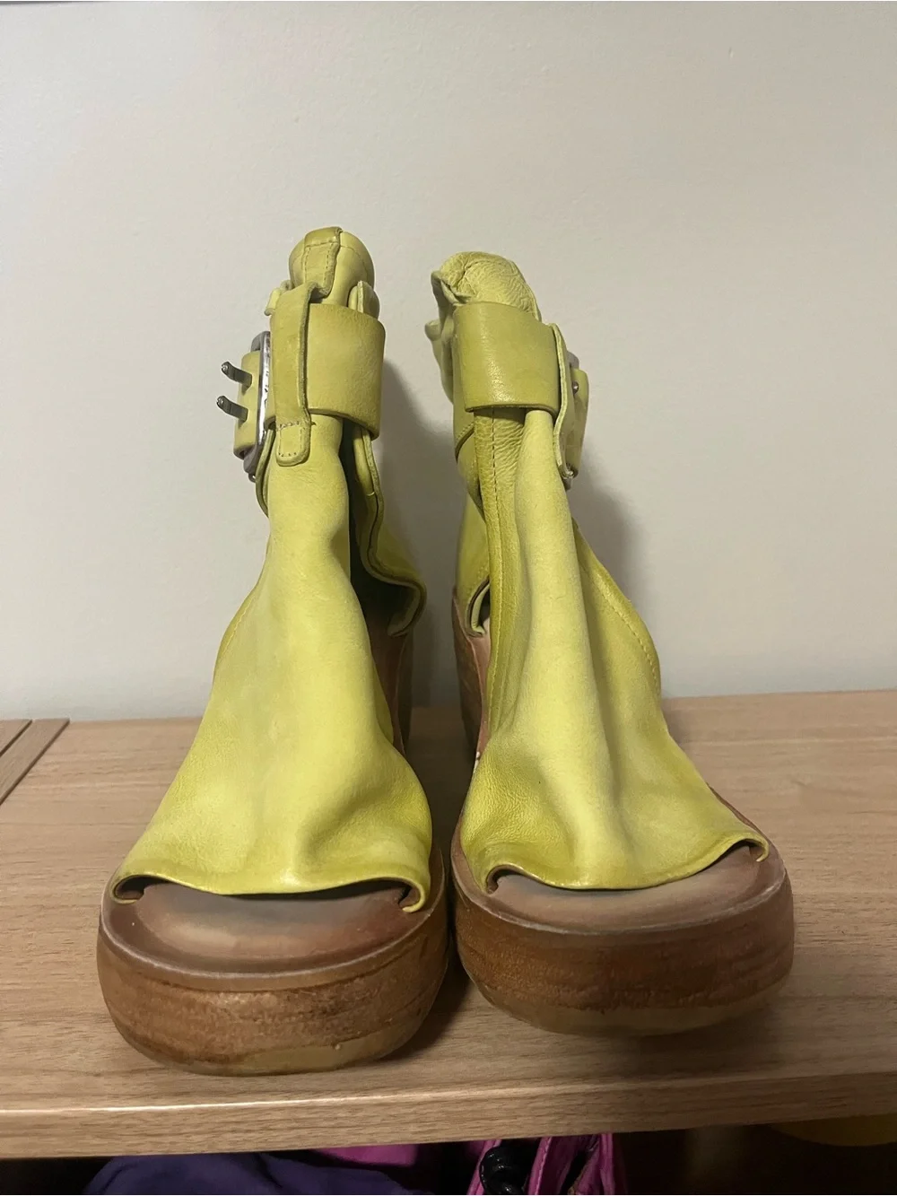 A.S.98 Lemon Yellow Leather Platform Sandals - Picture 1 of 6